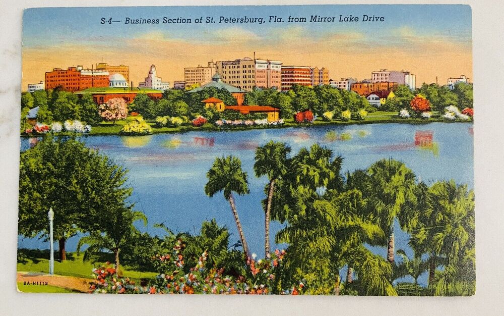 Vintage 1958 ST PETERSBURG FL SKYLINE ACROSS MIRROR LAKE LINEN POSTCARD Lincoln